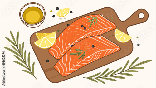 Delicious salmon fillet recipe with lemon and rosemary on wooden board seafood gourmet healthy meal concept