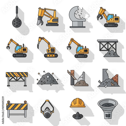 Flat design icons illustrating demolition tools, heavy construction machinery, site debris, and safety equipment, all rendered with modern long shadows.