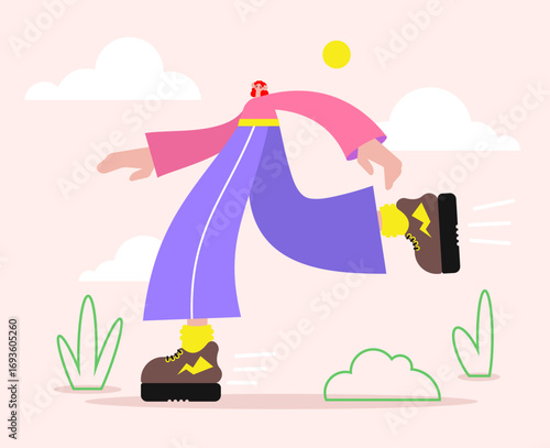 Young woman enjoy walk on sunny summer day. Cartoon style character. Flat vector illustration.