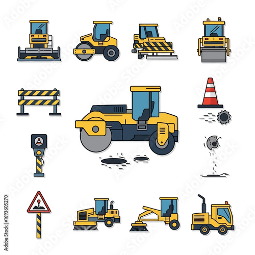 A vibrant vector illustration set depicting essential heavy machinery, road construction equipment, and various elements crucial for modern infrastructure development.