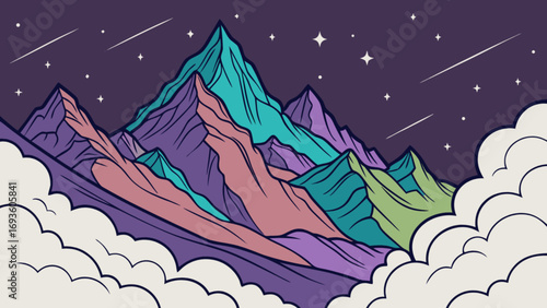 Colorful mountain range illustration with stars and clouds vector art background scenic landscape design