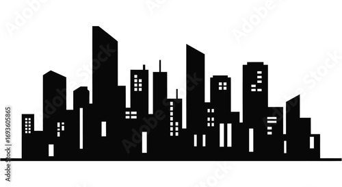 City Skyline Illustration, Modern Architecture Design, Graphic Art, Night View, Abstract Concept