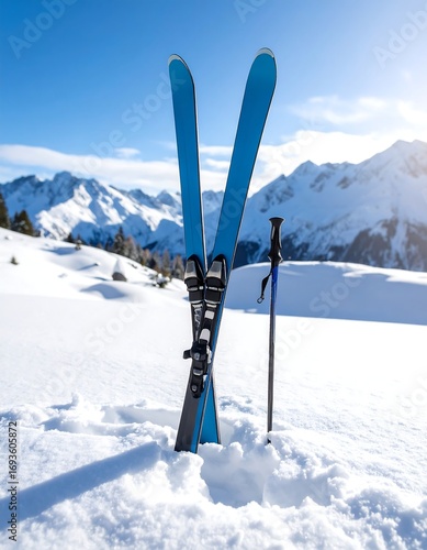 Ski poles and skis in snowy mountains