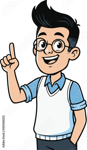 A smiling young boy with glasses and a blue sweater vest, pointing his finger upwards to indicate an idea or insight
