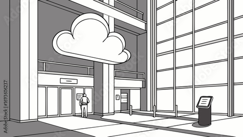 Cloud computing office building entrance with person and information kiosk in monochrome line art style