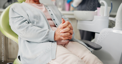 Canvas Print Woman, patient and hands stress for dental surgery, tooth extraction or pain relief at clinic