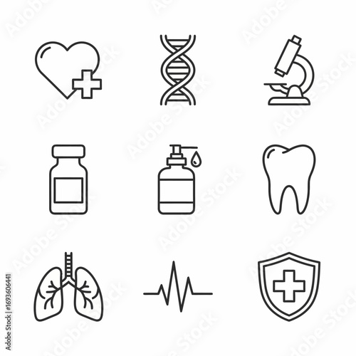 Healthcare Line Icon Set: Heart, DNA, Microscope, Medicine, Sanitizer, Tooth, Lungs, Heartbeat, Protection in Flat Style