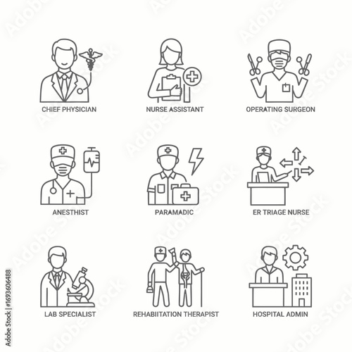 Medical staff line icon set: Isometric healthcare workers, doctors, nurses, flat design vector