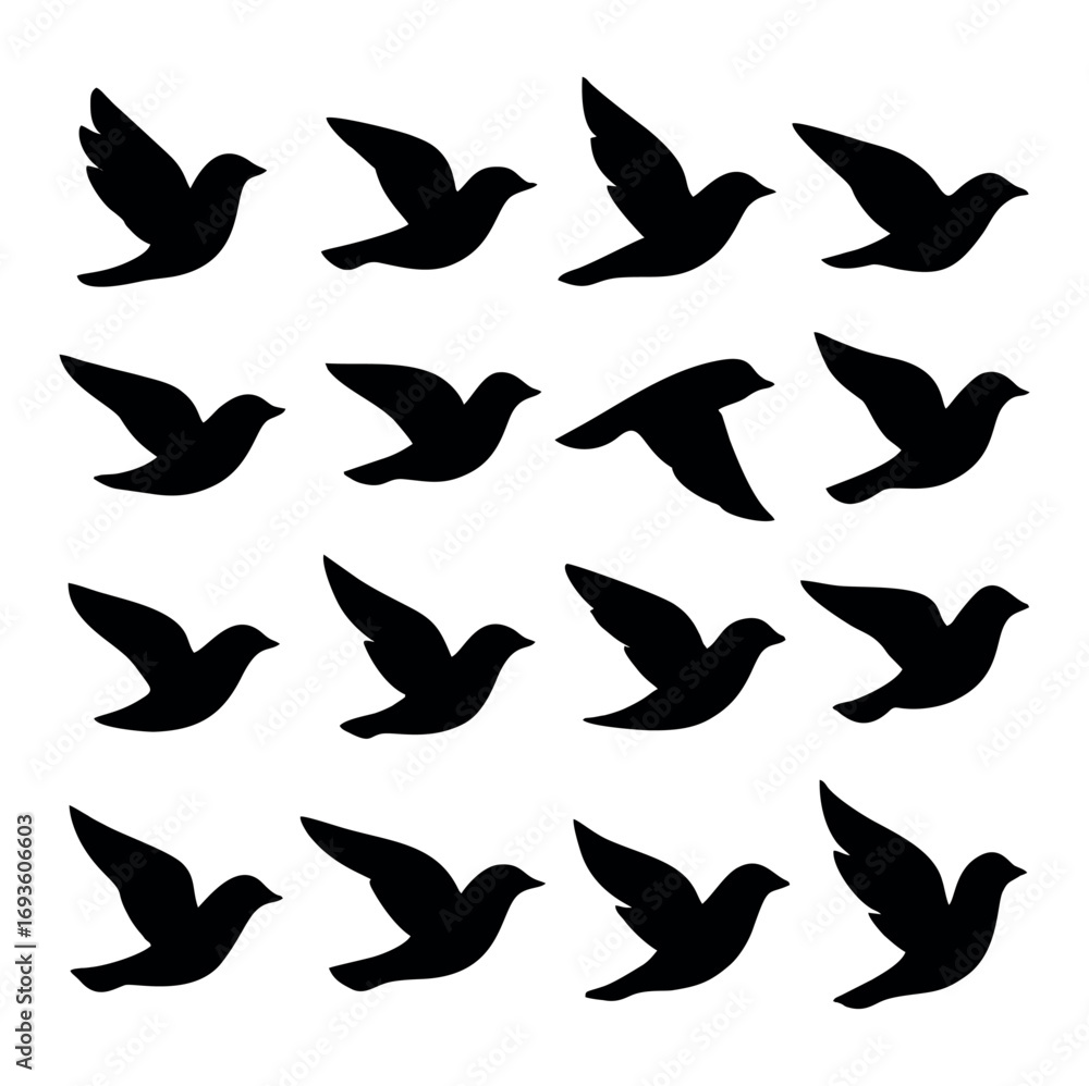 Fototapeta premium Seamless Pattern of Flying Birds Silhouette on White Background