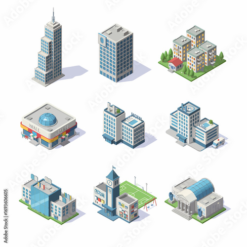 Isometric icon set of city buildings: skyscraper, mall, hotel, school, museum. Flat vector design with soft shadows on white background.