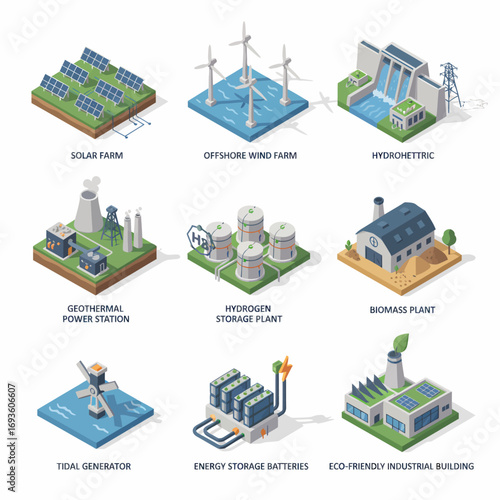 Isometric icon set of renewable energy plants: solar, wind, hydro, geothermal, hydrogen, biomass, tidal, battery, green building in flat design