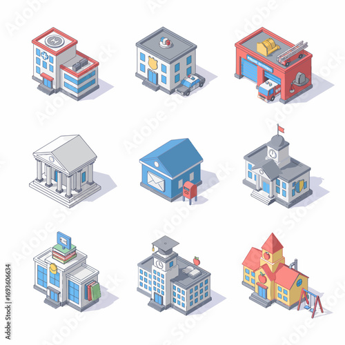 Isometric buildings icon set: Hospital, police station, fire station, bank, post office, town hall, library, college, school. Flat design with line art.