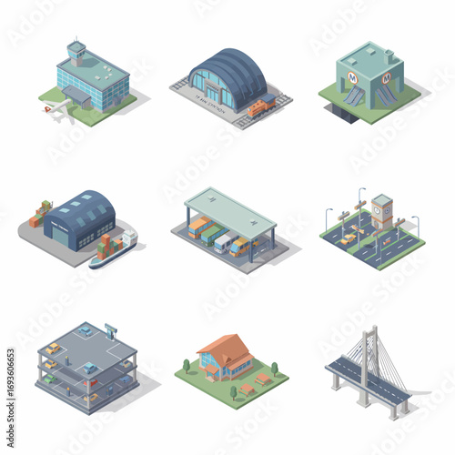 Isometric Icon Set of Urban City Buildings: Flat Design, Airport, Station, Metro, Warehouse, Parking, House, Bridge