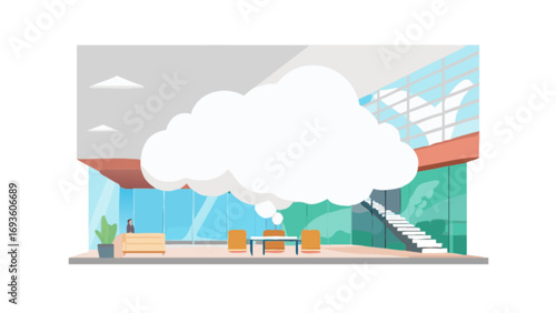 Modern office interior design with cloud thought bubble for presentation and creative workspace concept