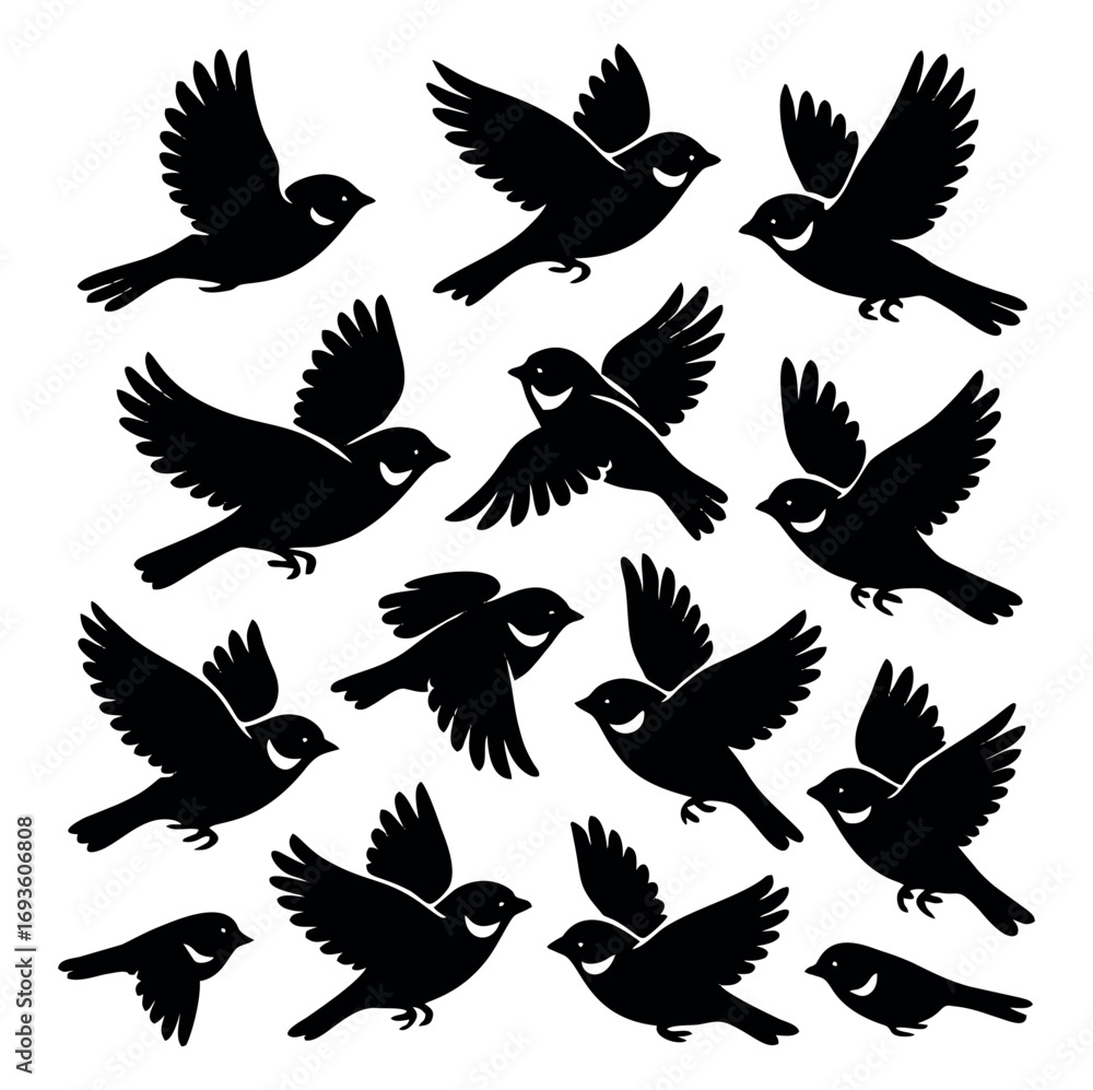 Obraz premium Seamless Pattern of Flying Birds Silhouette on White Background