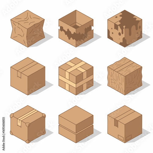 Isometric Cardboard Box Icon Set: Delivery, Storage in Flat Line Style