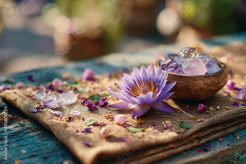 Tranquil Scene of a Water Lily Surrounded by Colorful Crystals and Petals on Natural Linen with Soft Background Bokeh for Peaceful Lifestyle and Spa Themes