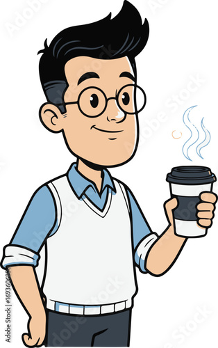 Friendly animated male character with eyeglasses and a sweater vest happily holding a steaming hot coffee cup, embodying a warm and inviting break or a daily routine illustration