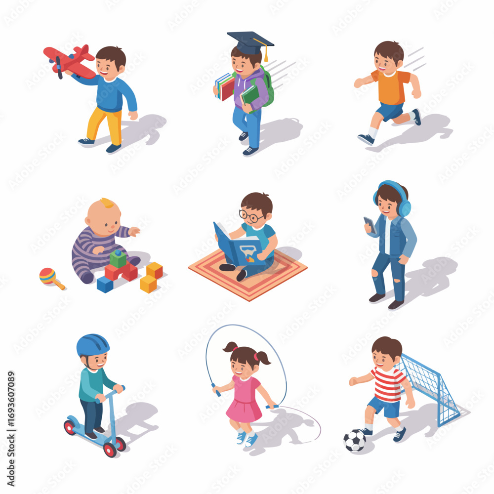 Fototapeta premium Isometric children icons: play, study, sport, reading, baby, student, soccer, line design flat illustration set