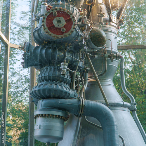 Details of spacecraft or rocket engine on display