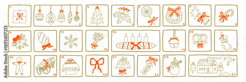 Doodle Christmas Advent Calendar. Outline Xmas Holiday Template with Number. Hand Drawn Vector Illustration