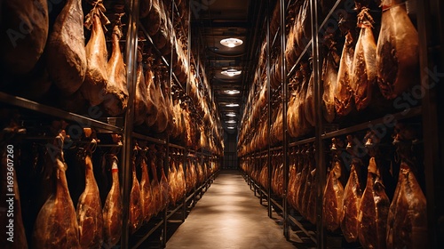 Rows of Cured Iberian Ham Legs Hanging in Aging Cellar