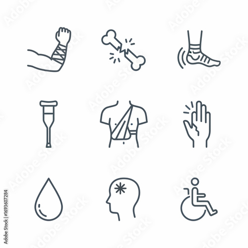 Medical Condition Flat Line Icon Set: Injury, Broken Bone, Sprain, Crutches, Sling, Dizziness, Drop of Blood, Wheelchair