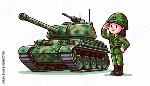 Cartoon illustration of a military tank and a female soldier in camouflage uniform saluting
