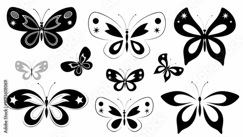 Collection of elegant black and white butterfly silhouettes with decorative patterns and stars