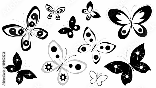 Elegant black and white butterflies in diverse artistic patterns create a modern, sophisticated design element