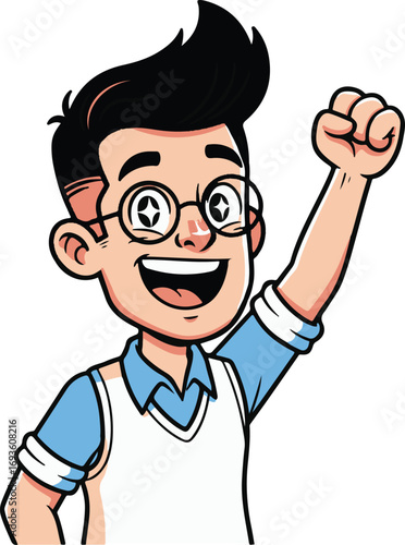 Joyful cartoon geek character with glasses raising a fist in triumph and celebrating success, a vector illustration of a happy young man