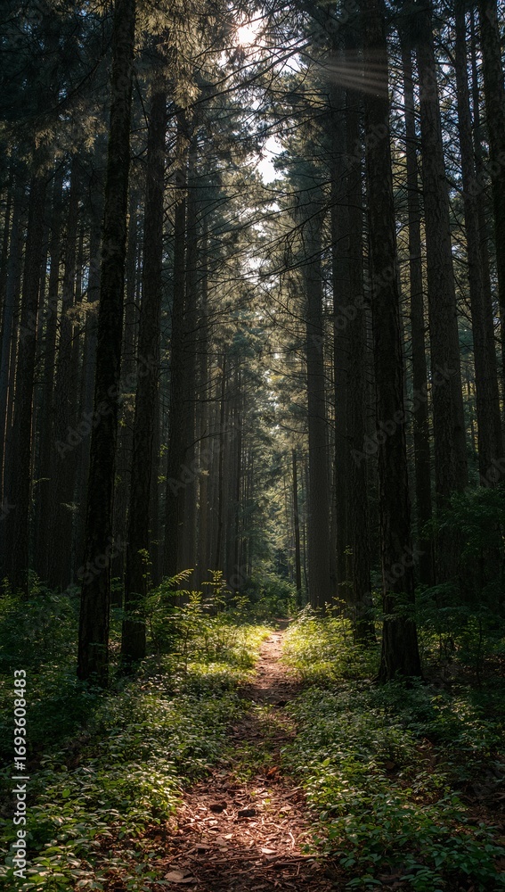 Fototapeta premium Sunlight streams through dense forest canopy illuminating a winding forest path below