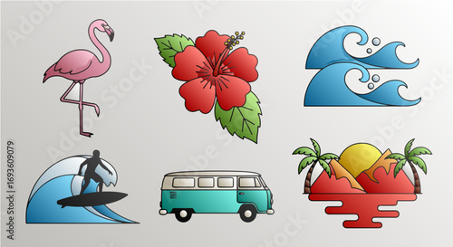 A vibrant collection of six retro-style icons capturing the essence of a tropical surf vacation, featuring a flamingo, hibiscus, waves, a classic van, and a serene island sunset