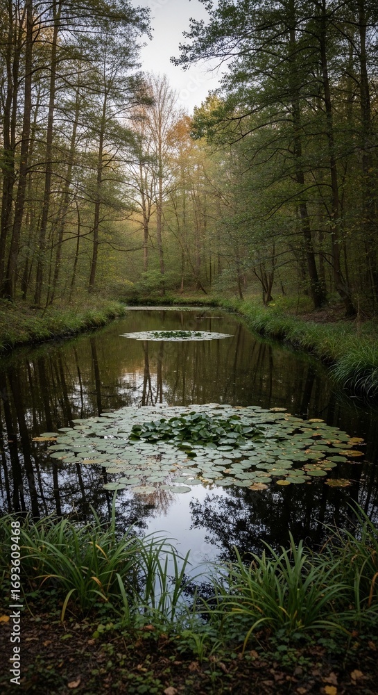 Obraz premium Tranquil forest pond with lily pads reflecting the surrounding trees in still water
