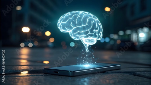 Digital Brain Concept Emerging from Smartphone at Night