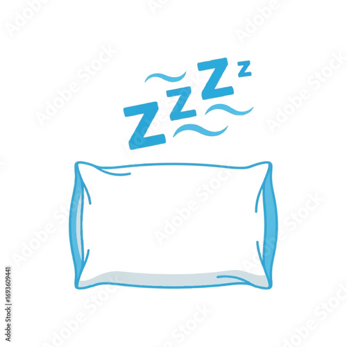 A cartoon illustration of a white pillow with blue trim, accompanied by blue "ZZZ" symbols indicating sleep.