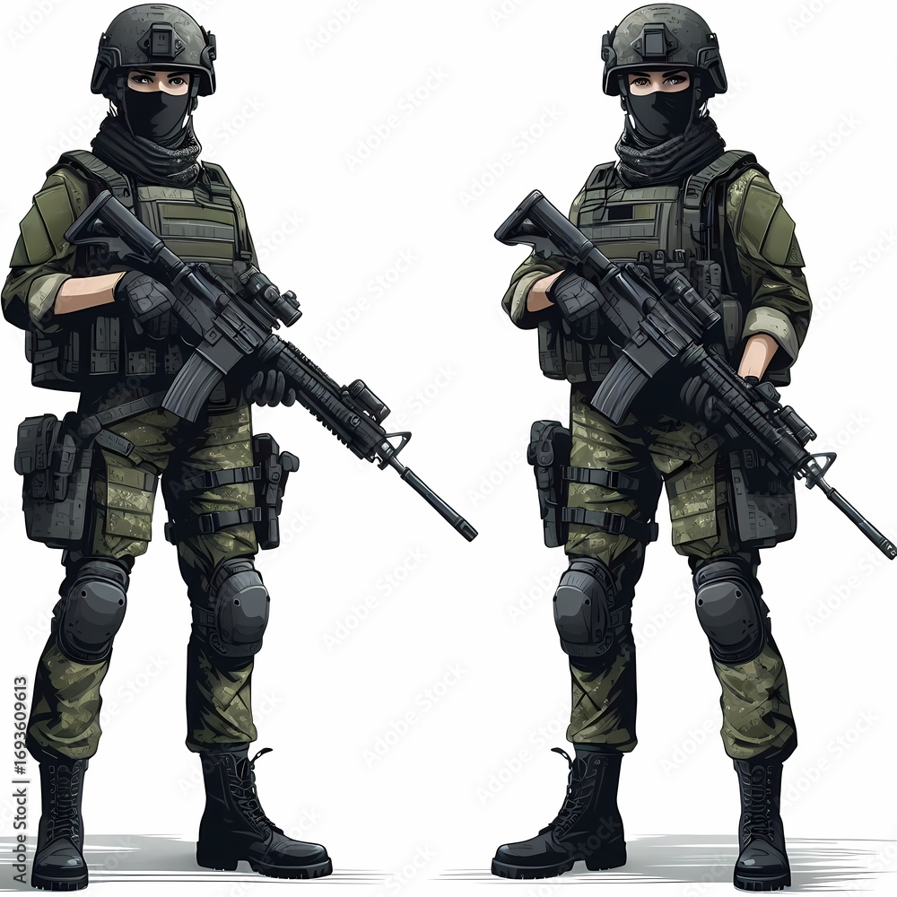 Fototapeta premium Two armed soldiers stand prepared in full battle gear against a neutral backdrop