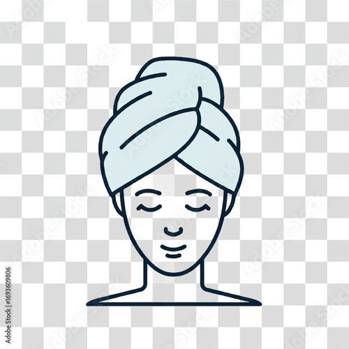 Simple line drawing of a woman with a towel wrapped around her head, eyes closed.