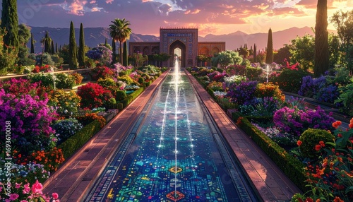 Fototapeta Naklejka Na Ścianę i Meble -  A breathtaking garden with vibrant flowers, a long reflecting pool, and a tranquil ambiance at sunset.