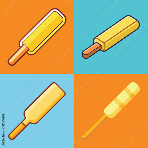 Four Colorful Flat-Lay Cricket Bats;  Isometric View, Bright, Playful Design.