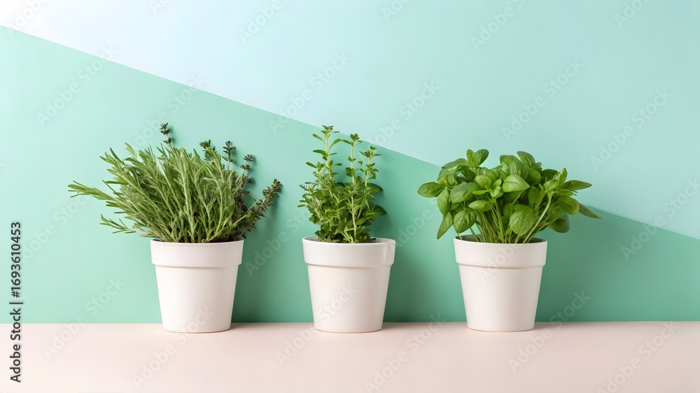 Fototapeta premium Fresh Herbal Plants in White Pots on Mint Green Background