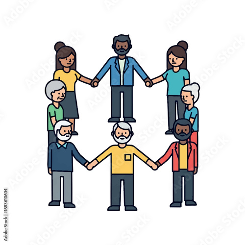 Diverse group of people holding hands in a circle, symbolizing unity and community.