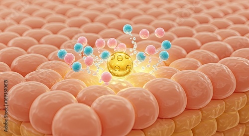 3D illustration of skin cells and molecules