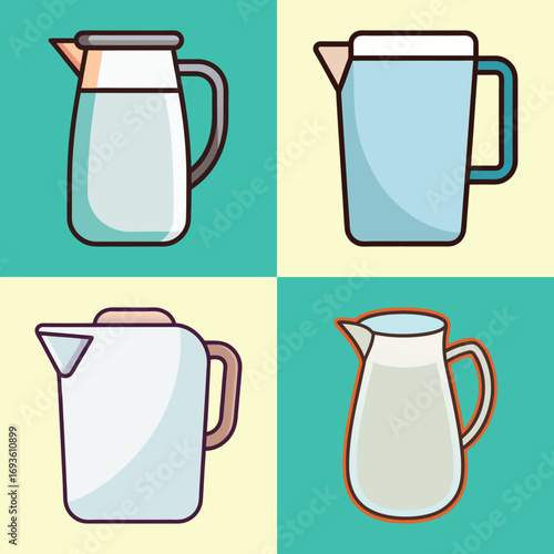 Four Retro-Style Pitchers:  Kitchenware Icons, Flat Design, Pastel Color Palette,  Clean and Modern Illustration.
