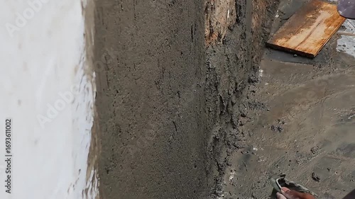 Construction worker applying wet cement plaster on wall surface during building repair and renovation