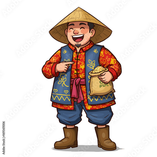 A cheerful farmer in patterned red and yellow attire points to a rice sack, smiling brightly in traditional East Asian style.