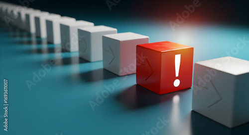 Stand out with this vibrant red cube warning symbol amidst a line of white cubes, highlighting uniqueness and alerts.