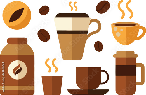 Vector coffee elements collection illustration hot beverages beans cup mug and container eps