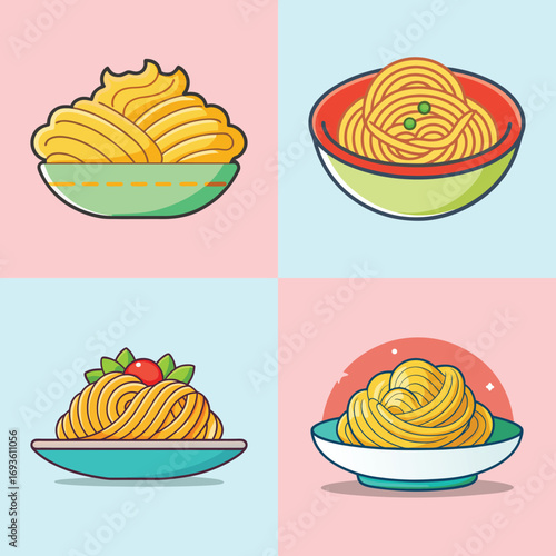 Four Colorful Cartoon Spaghetti Illustrations:  Pasta Dishes,  Appetizing Food,  Menu Design,  Restaurant Graphics.