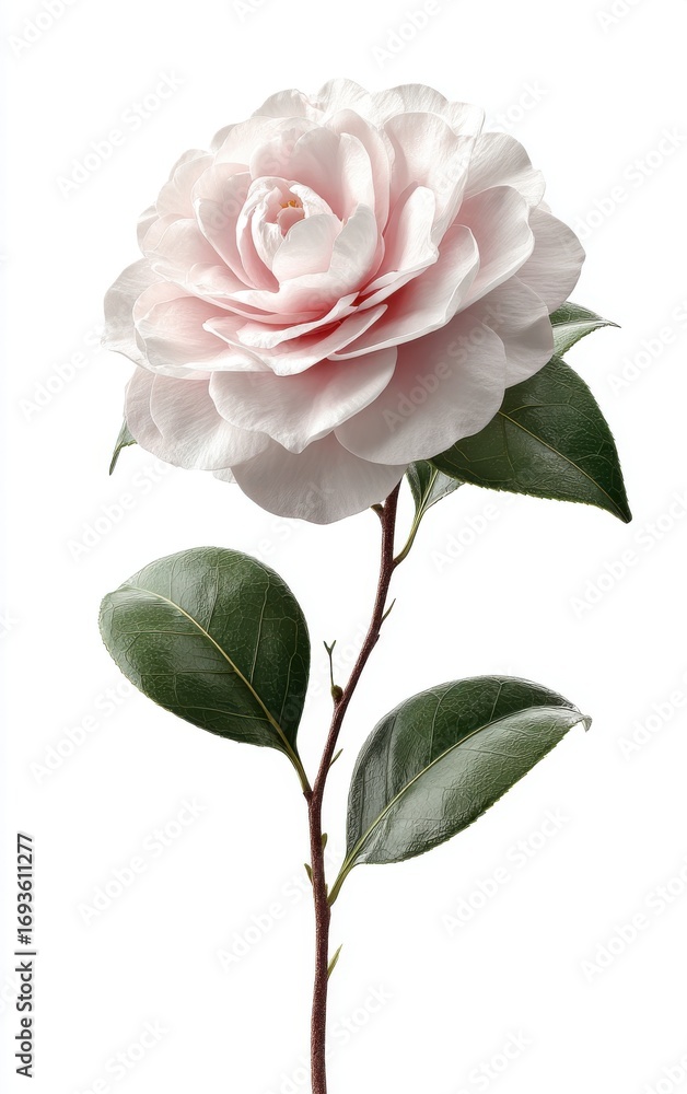 Fototapeta premium Elegant Pink Camellia Flower with Green Leaves on White Background